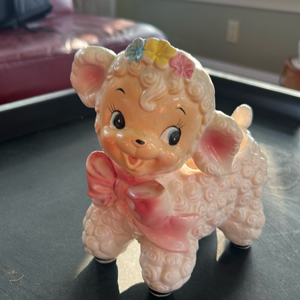 Charming Ceramic Lamb Vintage Figurine with Pink Bow